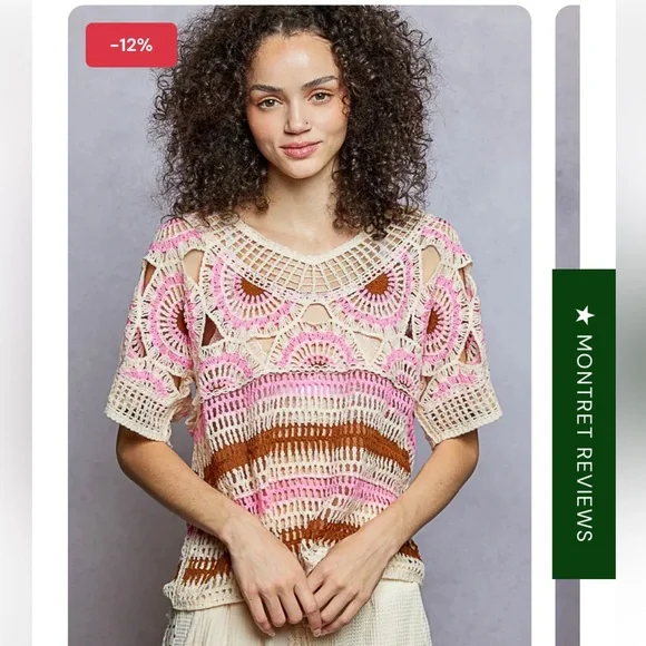 POL boho weave pattern Crochet knit Pink and Brown Top one size - Picture 3 of 10